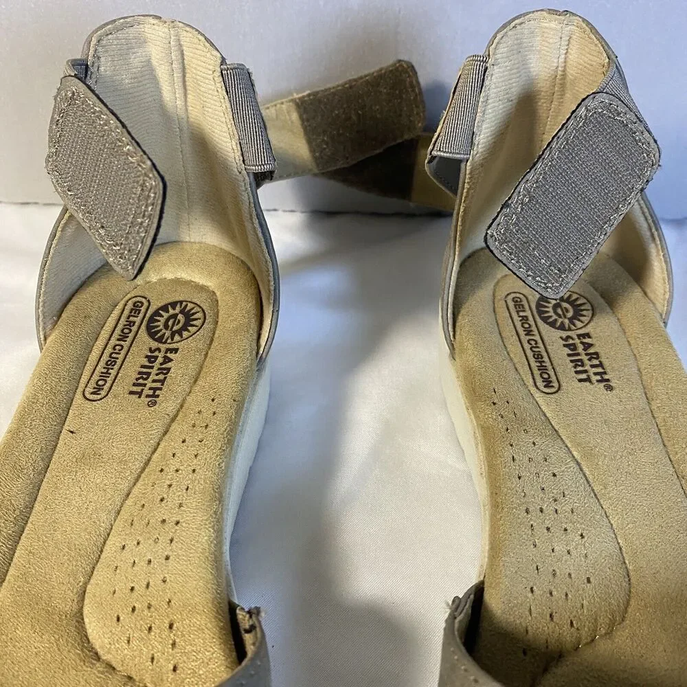 Earth Spirit Sandals 7 Taupe Silver Metallic‎ Comfort Wedge Ankle Strap Vacation